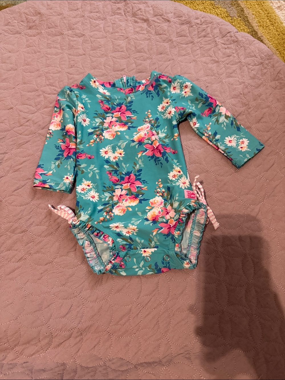 Baby Girl Ruffle Butt Floral Long-Sleeve Teal One-Piece Swimsuit 3-6 months